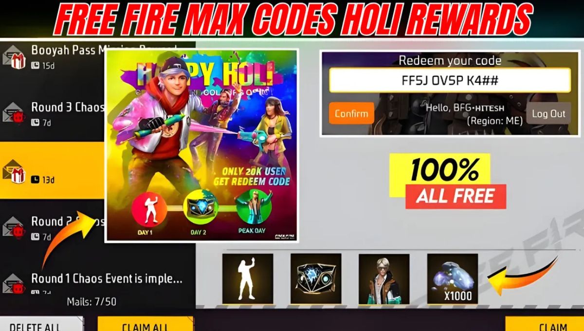 Free Fire Max Codes Holi Rewards 2026